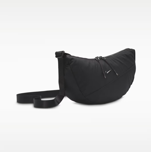 Nike AURA practical crescent-shaped crossbody bag for summer storage with zippered pockets and adjustable shoulder strap – Black/Black/Gunmetal