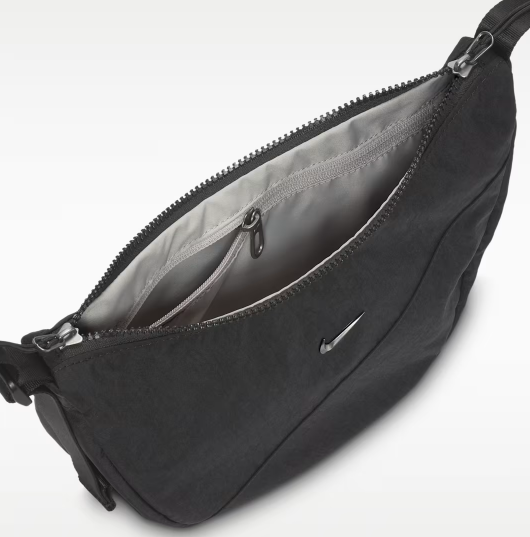 Nike AURA practical crescent-shaped crossbody bag for summer storage with zippered pockets and adjustable shoulder strap – Black/Black/Gunmetal