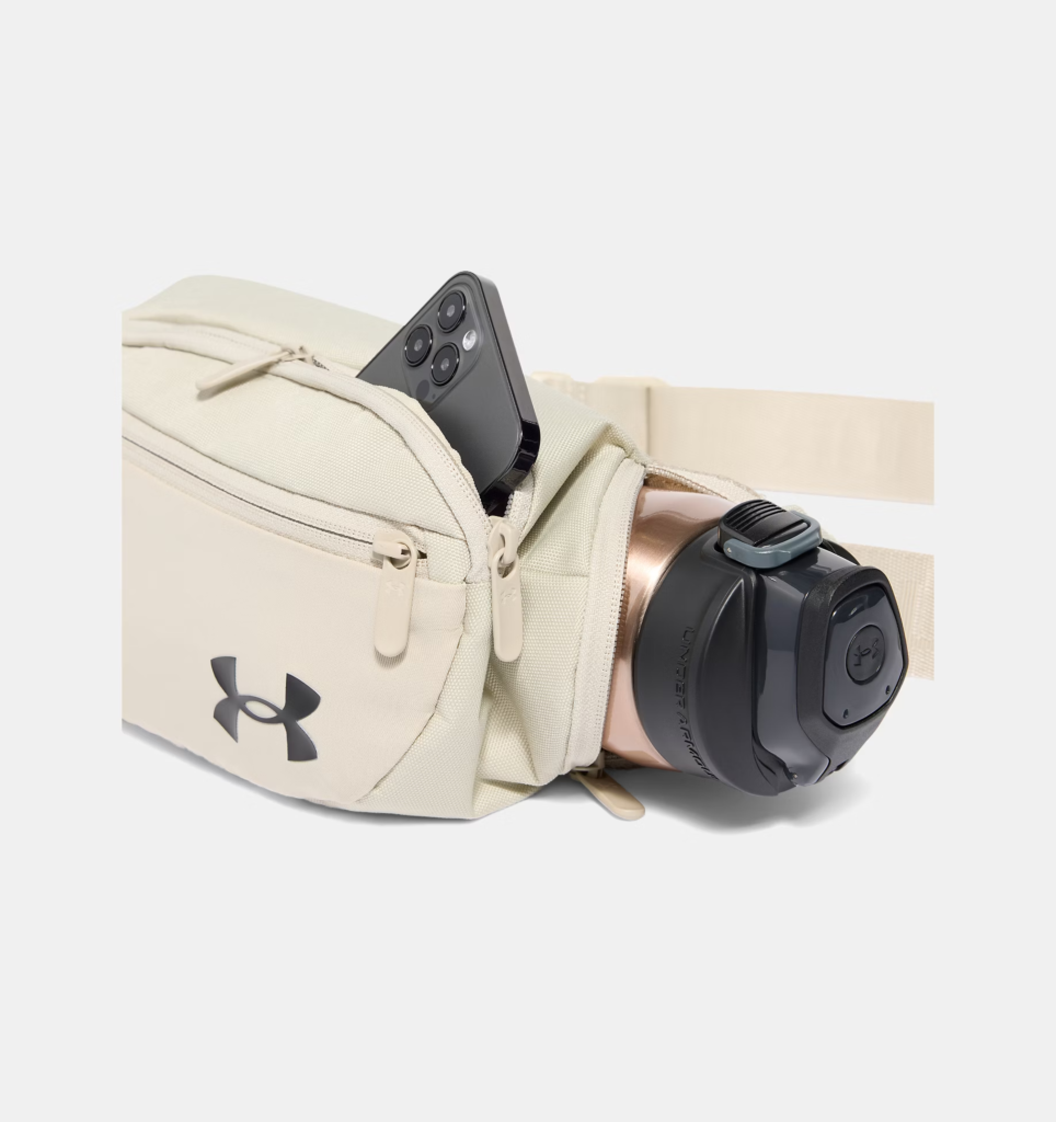 UA Under Armour Flex Unisex Sports Training Waist Bag, Shoulder Bag, Crossbody Bag, Portable Chest Bag – Khaki Base / Black
