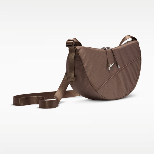 Nike AURA practical crescent-shaped crossbody bag for summer storage with zippered pockets and adjustable shoulder strap – Mink Brown/Mink Brown/Matte Silver
