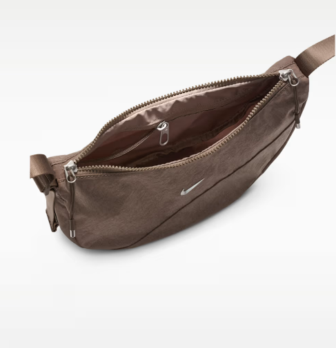 Nike AURA practical crescent-shaped crossbody bag for summer storage with zippered pockets and adjustable shoulder strap – Mink Brown/Mink Brown/Matte Silver