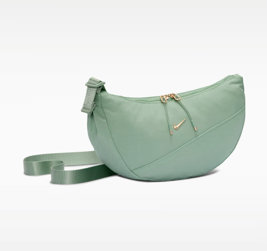 Nike AURA practical crescent-shaped crossbody bag for summer storage with zippered pockets and adjustable shoulder strap – Steam/Steam/Light Transparent Gold