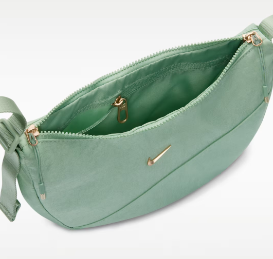 Nike AURA practical crescent-shaped crossbody bag for summer storage with zippered pockets and adjustable shoulder strap – Steam/Steam/Light Transparent Gold